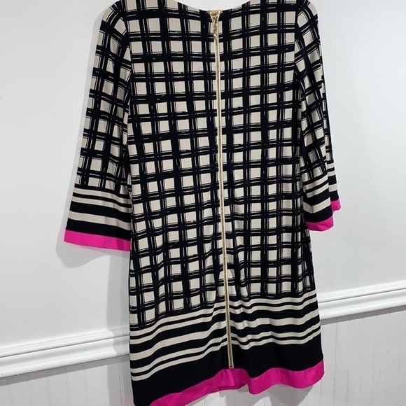 Eliza J dress windowpane print black tan hot pink exposed back zipper size 6 - Picture 5 of 7